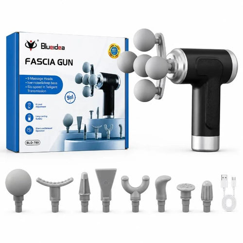 9-in-1 Rechargeable Electric Massage Gun | Deep Tissue Percussion Massager with 9 Interchangeable Massage Heads & 6 Speed Levels