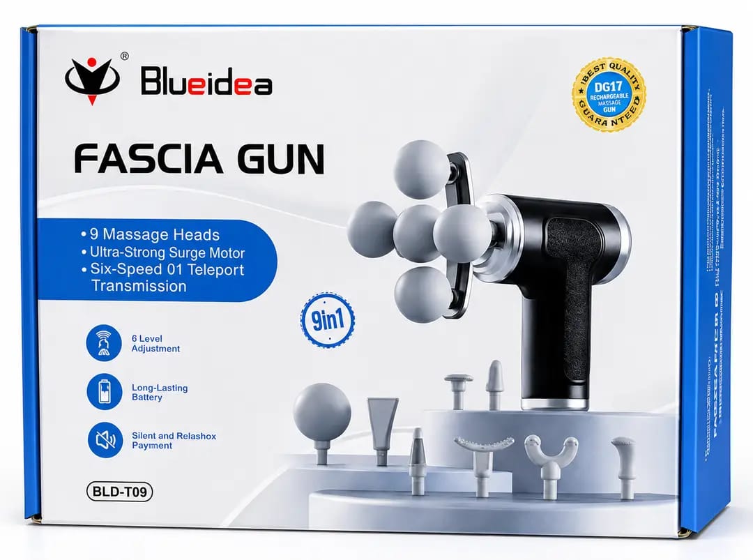 9-in-1 Rechargeable Electric Massage Gun | Deep Tissue Percussion Massager with 9 Interchangeable Massage Heads & 6 Speed Levels